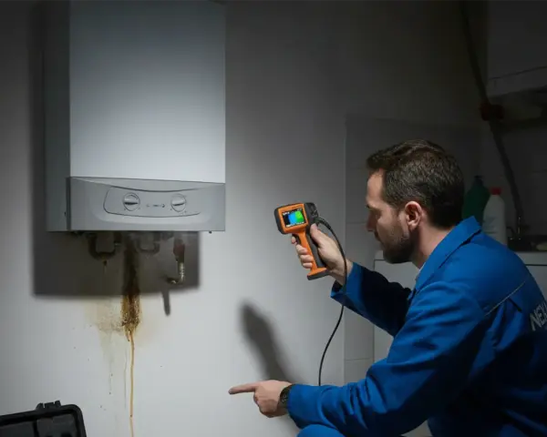 Tecnico esamina una caldaia con termocamera, notando una perdita. La pressione della caldaia è di 3 bar.