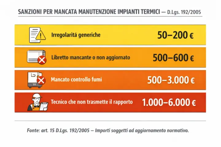Sanzioni per mancata manutenzione caldaie: irregolarità generiche, libretto mancante, mancato controllo fumi e tecnico inadempiente comportano multe salate.