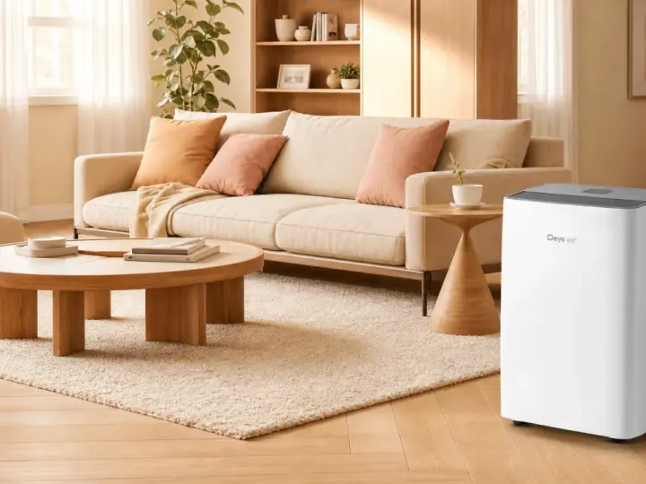 Un deumidificatore bianco Deye in un soggiorno moderno, ideale per capire come impostare il deumidificatore in estate e mantenere l'aria fresca.