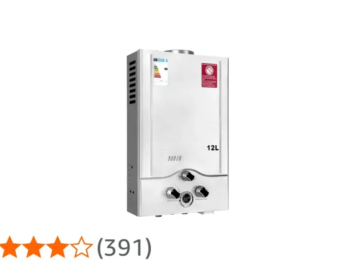 Scaldabagno a gas da 12L, ideale per aumentare pressione acqua. Regolatori gas e acqua visibili.
