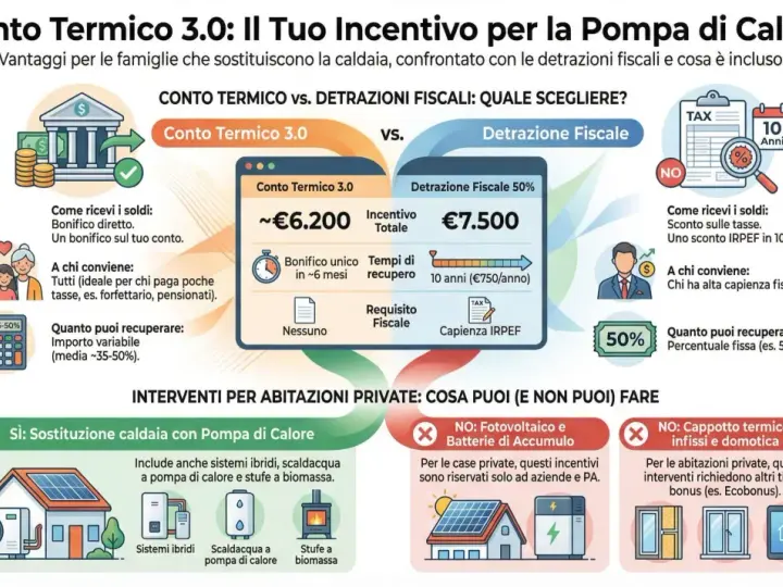 Confronto tra Conto Termico 3.0 e detrazioni fiscali per la sostituzione della caldaia. Il Conto Termico offre un bonifico diretto, ideale per chi paga poche tasse, mentre le detrazioni fiscali prevedono uno sconto IRPEF.