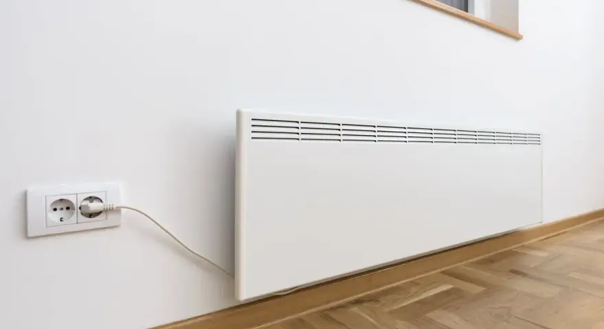 Termoconvettori bianchi montati a parete, uno collegato a una presa elettrica, pronti a riscaldare l'ambiente.