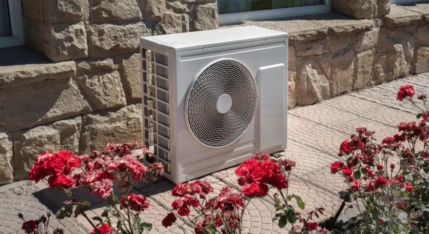 Unità esterna di una pompa di calore aria calda e fredda, posizionata su un patio con rose rosse in fiore.