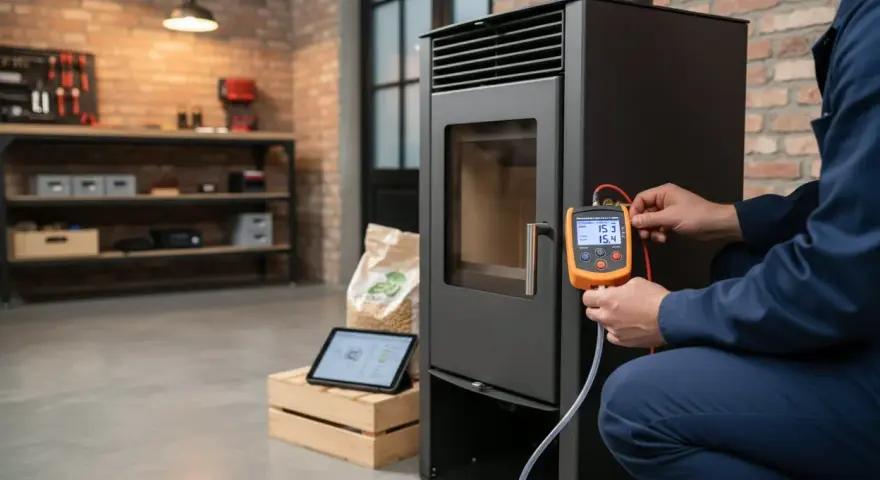 Tecnico effettua controllo su stufa a pellet, garantendo assistenza stufe a pellet multimarca. Strumentazione digitale e tablet per diagnosi precise.
