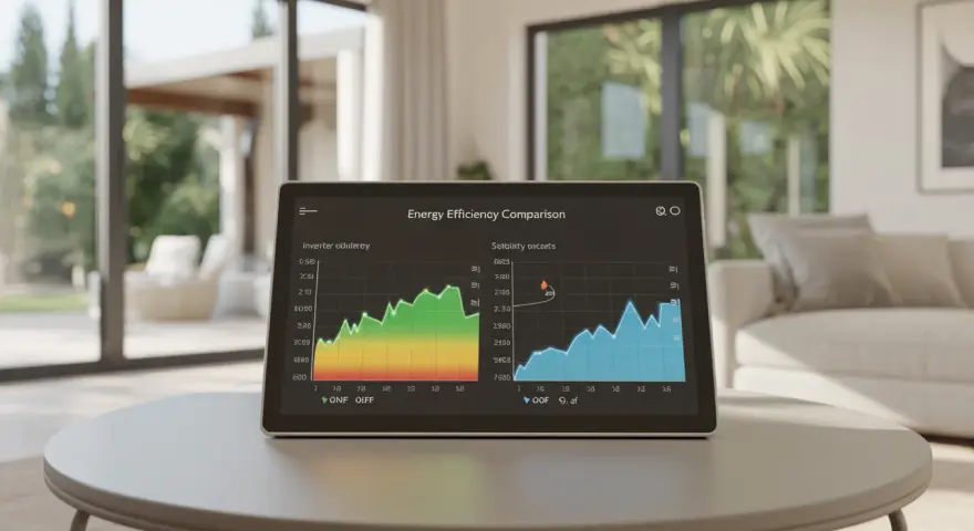 Tablet con grafici sull'efficienza energetica, che mostra l'andamento di un inverter e la stabilità.