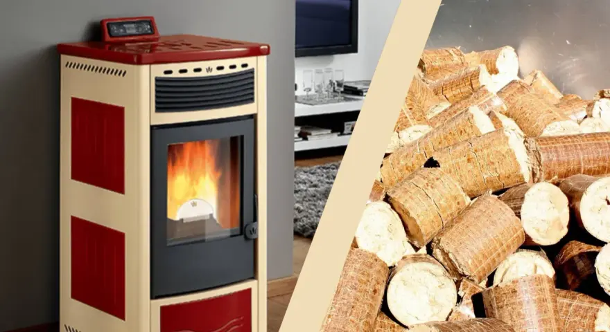 Stufa a pellet accesa e un mucchio di pellet. Per un corretto reset service stufa a pellet, affidati a professionisti.