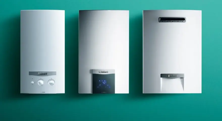 Tre scaldabagni a gas esterni Vaillant, pronti per l'installazione, con diversi pannelli di controllo.