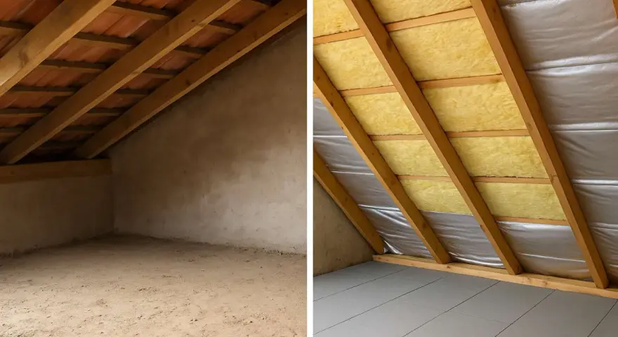 Prima e dopo: come isolare il tetto dall'interno con lana di vetro e pannelli riflettenti, creando un ambiente più confortevole.