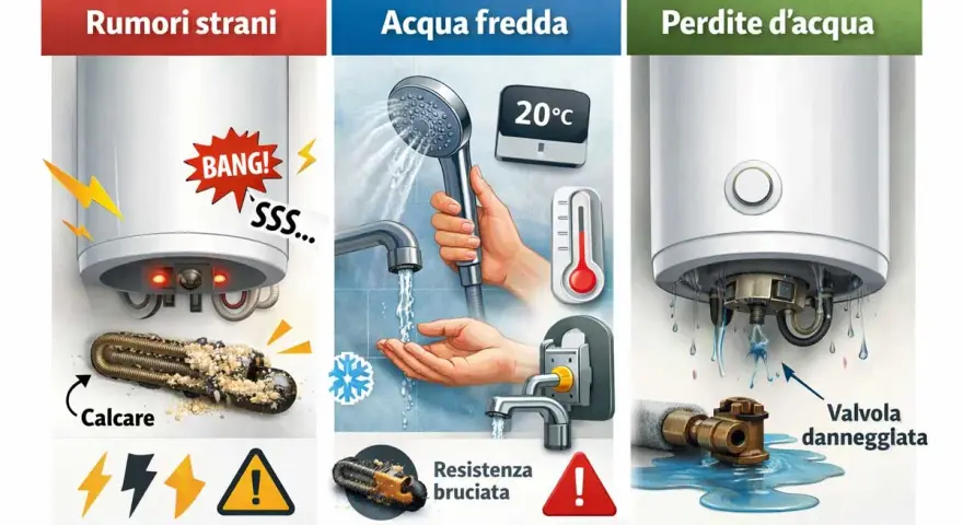 Lo scaldabagno Perla 5 lampeggia: rumori strani, acqua fredda o perdite indicano problemi come calcare, resistenza bruciata o valvola danneggiata.