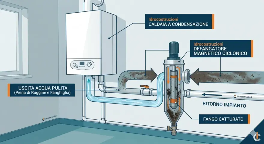 Il defangatore magnetico ciclonico serve a rimuovere ruggine e fanghiglia dall'acqua della caldaia, garantendo un ritorno impianto pulito.