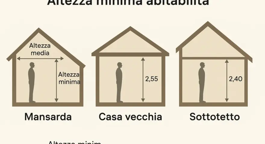 Illustrazione mostra l'altezza minima abitabilità in mansarda, casa vecchia (2,55m) e sottotetto (2,40m).