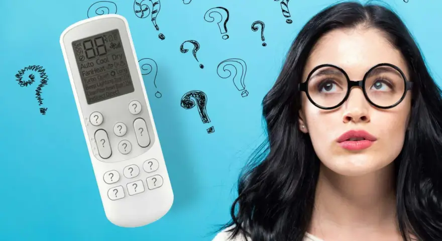Ragazza con occhiali guarda telecomando condizionatore, circondata da punti interrogativi. Cosa significa "swing"?