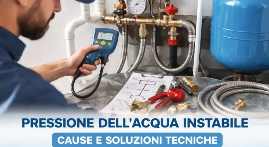 Idraulico controlla la pressione acqua bassa con strumento digitale. Impianto idraulico, manometro e schema tecnico sul tavolo.