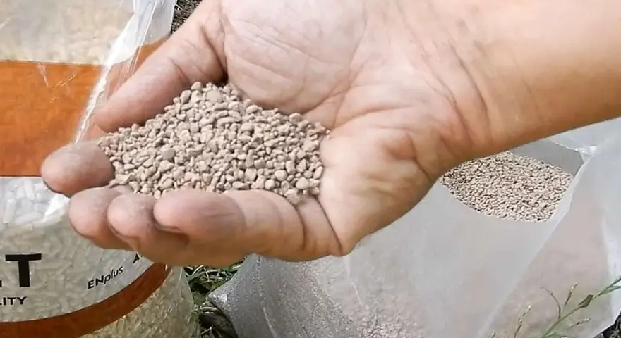 Mano che tiene un pugno di nocciolino pellet, con sacchi pieni sullo sfondo.