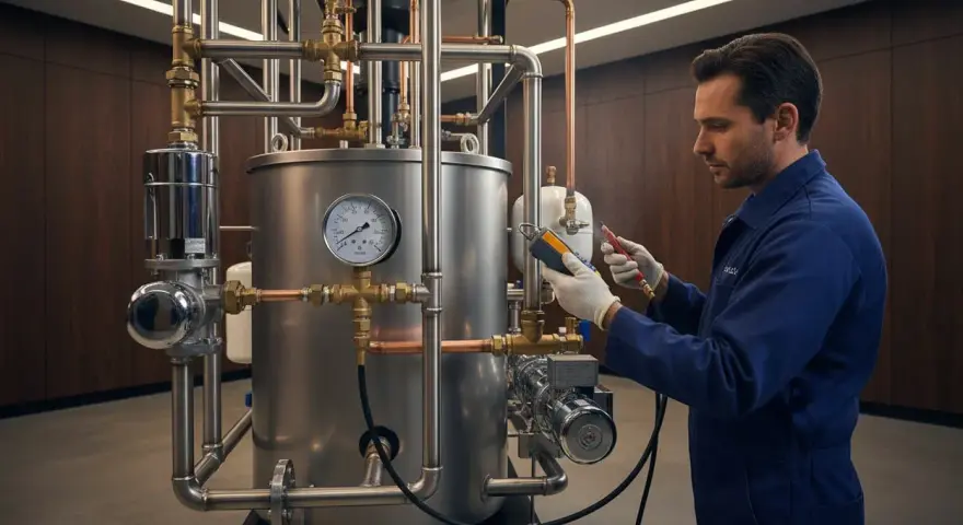 Tecnico controlla un complesso impianto idraulico. Valuta il **costo sostituzione scambiatore caldaia** per ottimizzare l'efficienza.