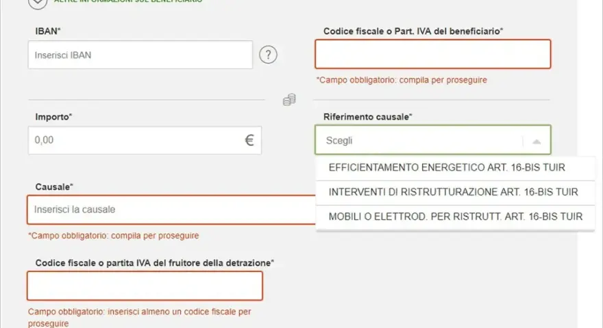 Compilazione bonifico: causale detrazione impianto elettrico, inserimento IBAN, importo e codice fiscale.