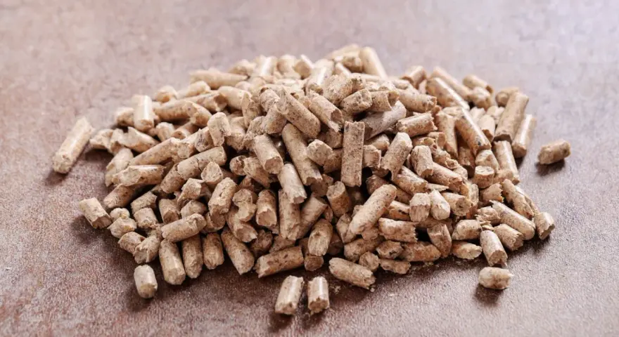 Un mucchio di pellet di abete rosso o bianco, combustibile ecologico per il riscaldamento domestico, su una superficie ruvida.