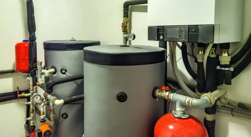 Installazione scaldabagno a pompa di calore con serbatoi grigi, serbatoio rosso e caldaia bianca.