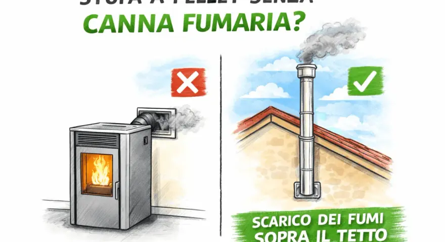 Stufa a pellet senza canna fumaria? A sinistra, scarico a muro con X rossa. A destra, scarico fumi sopra il tetto con segno di spunta verde.