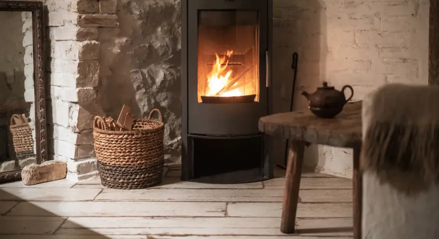 Stufa a pellet moderna con fiamme vive, accanto a un cesto di legna. L'ambiente rustico suggerisce un'installazione a norma, con la necessaria autorizzazione comunale.