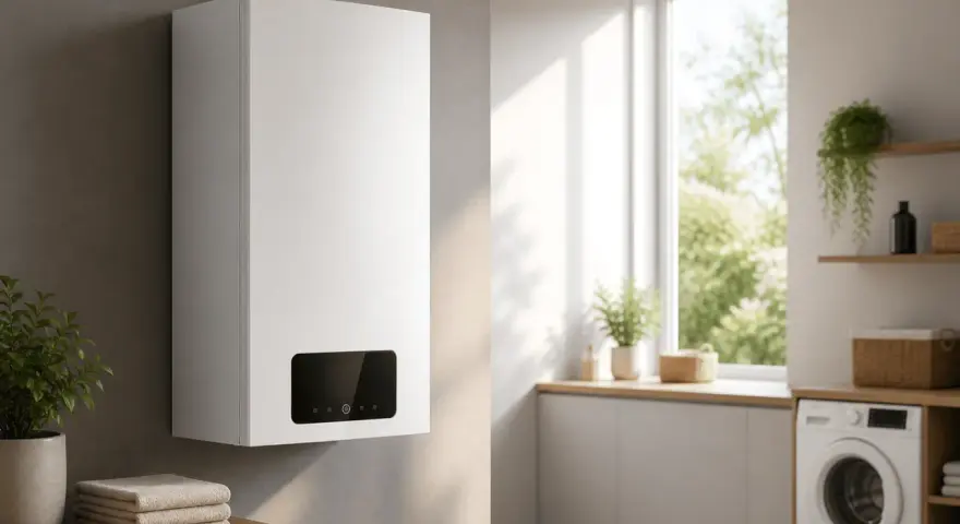 Boiler per acqua calda e riscaldamento, moderno e compatto, in un ambiente luminoso con lavatrice e piante.
