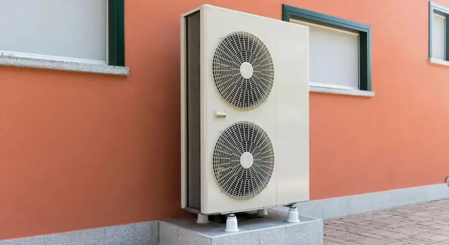 Unità esterna di una pompa di calore, con due ventole, montata su una base rialzata contro un muro arancione con finestre.