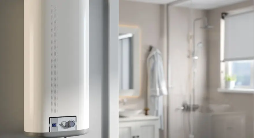 Scaldabagno bianco moderno in un bagno. Potrebbe essere la causa del fischio.