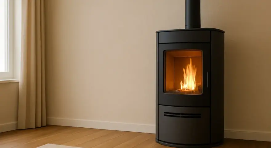 Stufa a pellet moderna con fiamme vive, ideale per la detrazione stufa a pellet senza ristrutturazione. Riscalda la tua casa con stile.
