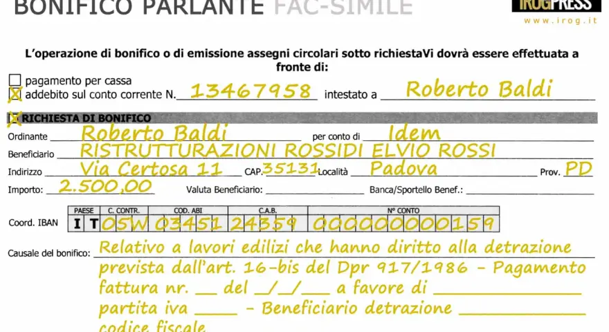 Fac simile fattura per detrazione 65: bonifico per lavori edilizi, importo 2.500,00, intestato a Roberto Baldi.