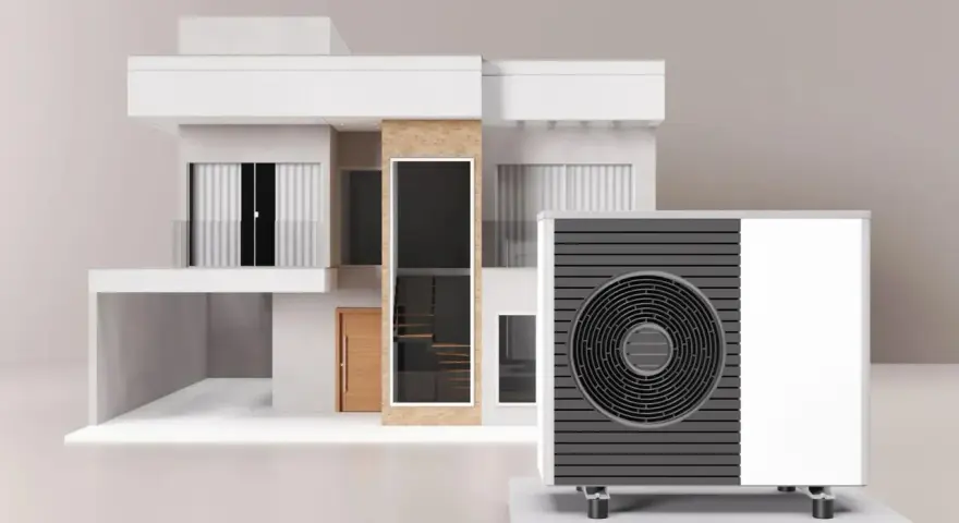 Moderna casa con pompa di calore nel sottotetto, pronta per un comfort efficiente.