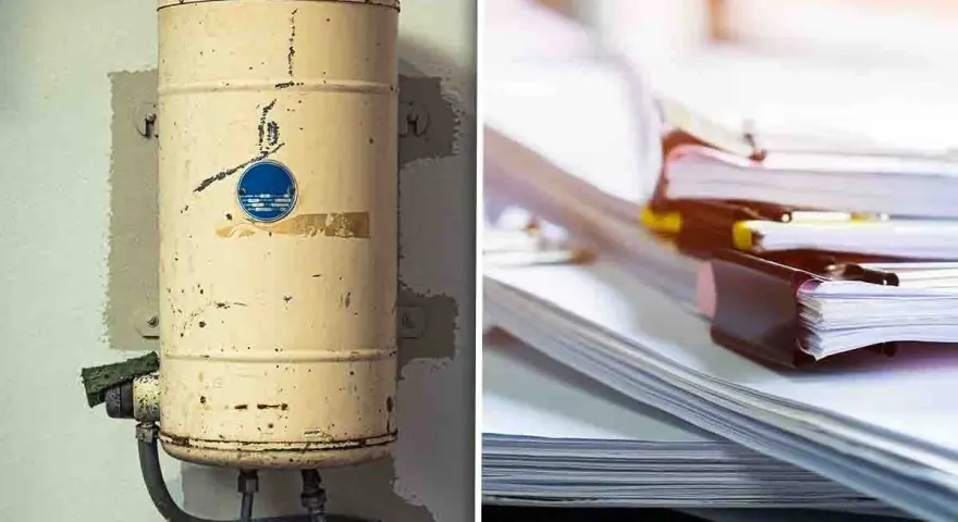 Vecchia caldaia arrugginita e pile di documenti. Pronti per lo smaltimento caldaie e la gestione burocratica.