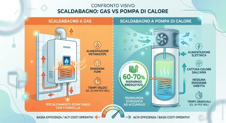 Confronto tra scaldabagno a gas e a pompa di calore. Quest'ultimo, con alimentazione elettrica, offre risparmio energetico e tecnologia ecologica, a differenza dello scaldabagno a gas.