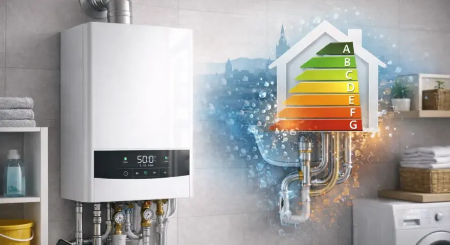 Caldaia istantanea a condensazione moderna, con display digitale e etichetta energetica A. Efficienza e risparmio per la tua casa.