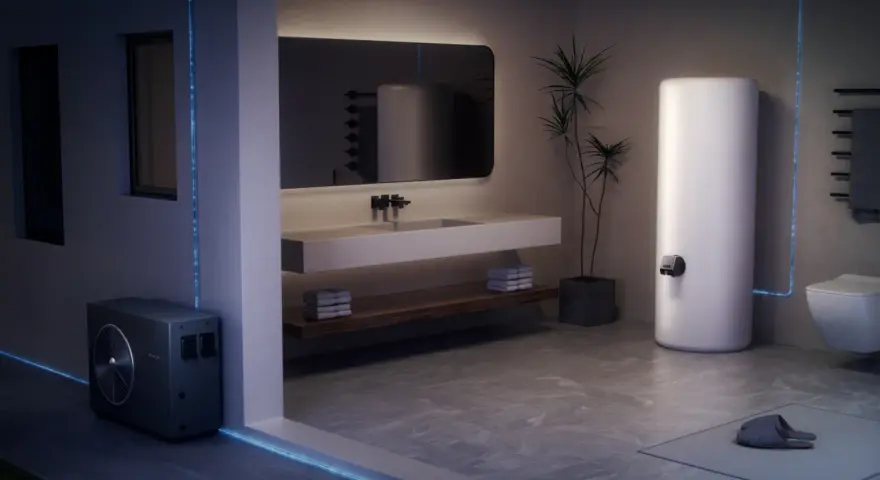 Bagno moderno con scaldabagno elettrico bianco, unità esterna e lavabo. La temperatura massima dello scaldabagno elettrico è regolabile.