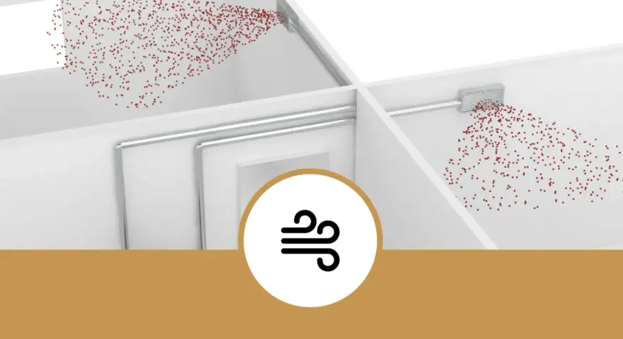 Illustrazione che mostra come funziona la stufa a pellet: il calore viene diffuso nell'ambiente tramite bocchette, creando un flusso d'aria.