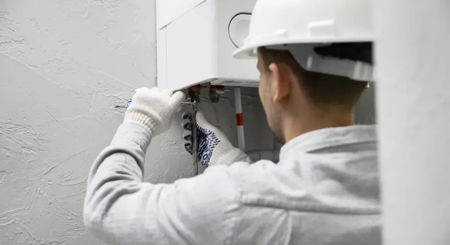 Tecnico con casco bianco lavora su una caldaia. Speriamo che la caldaia non faccia rumore di notte dopo l'intervento.