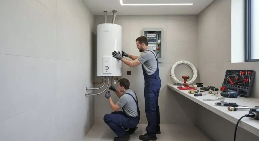 Tecnici controllano scaldino Chaffoteaux che non si accende. Attrezzi e tubi sul bancone.