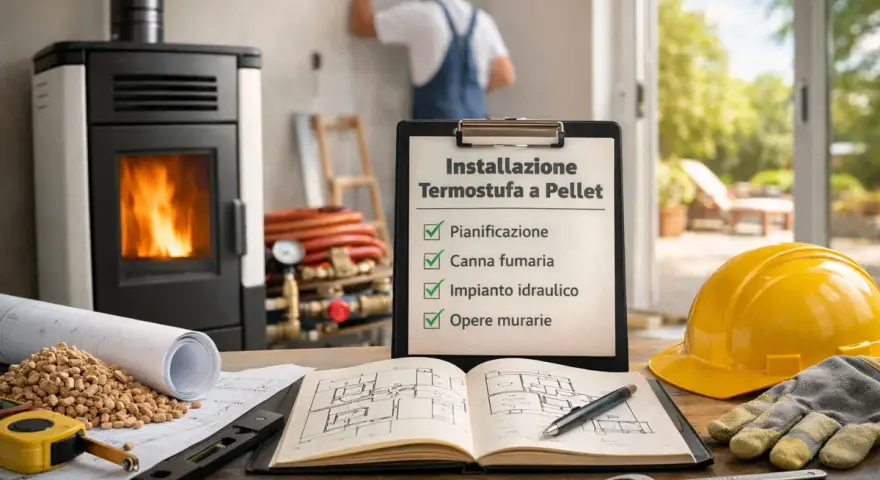 Installazione termostufa a pellet: pianificazione, canna fumaria, impianto idraulico e opere murarie. Pro e contro da valutare.