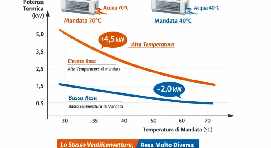 Grafico mostra la potenza termica dei radiatori fan coil a diverse temperature di mandata. Alta temperatura (70°C) offre resa elevata, bassa temperatura (40°C) resa bassa.