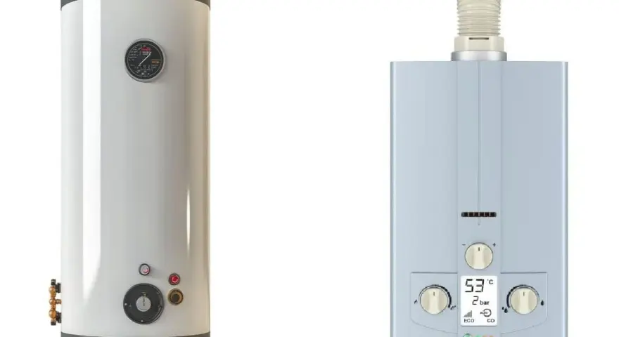 Caldaia a gas verticale e scaldino a gas compatto, entrambi pronti per fornire acqua calda.