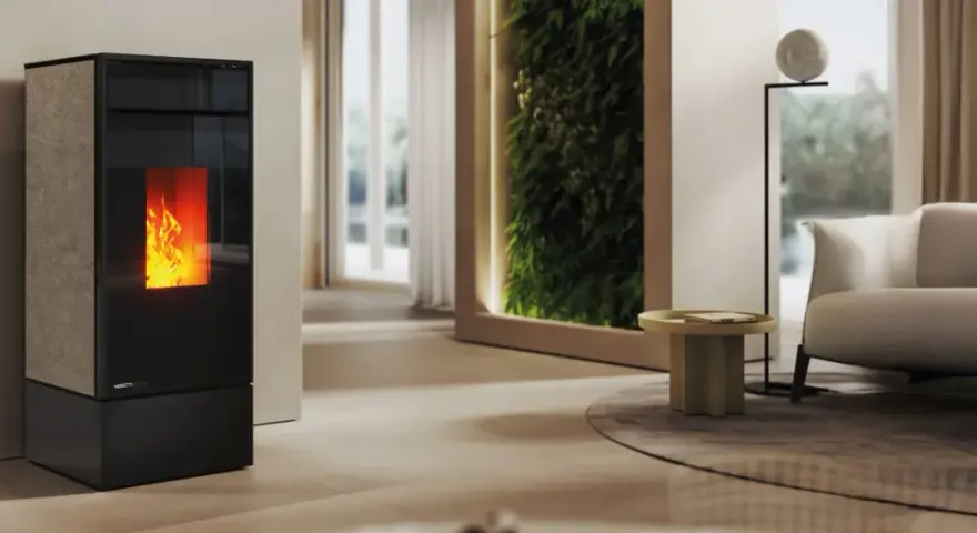 Stufa a pellet moderna con fiamme vive. Scopri come funziona una stufa senza canna fumaria per un riscaldamento efficiente e pulito.