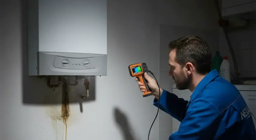 Tecnico esamina una caldaia con termocamera, notando una perdita. La pressione della caldaia è di 3 bar.