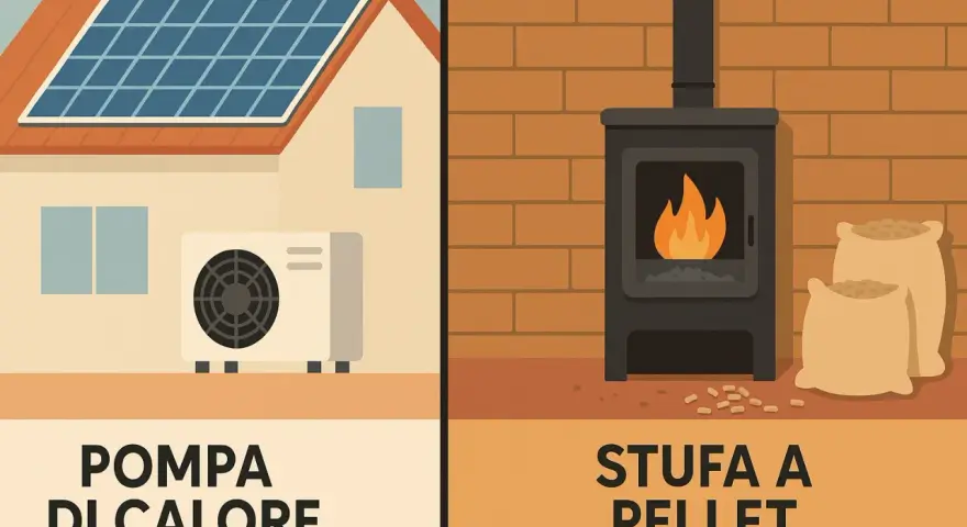 Pompa di calore con pannelli solari e stufa a pellet con sacchi di combustibile: soluzioni per un riscaldamento senza gas.
