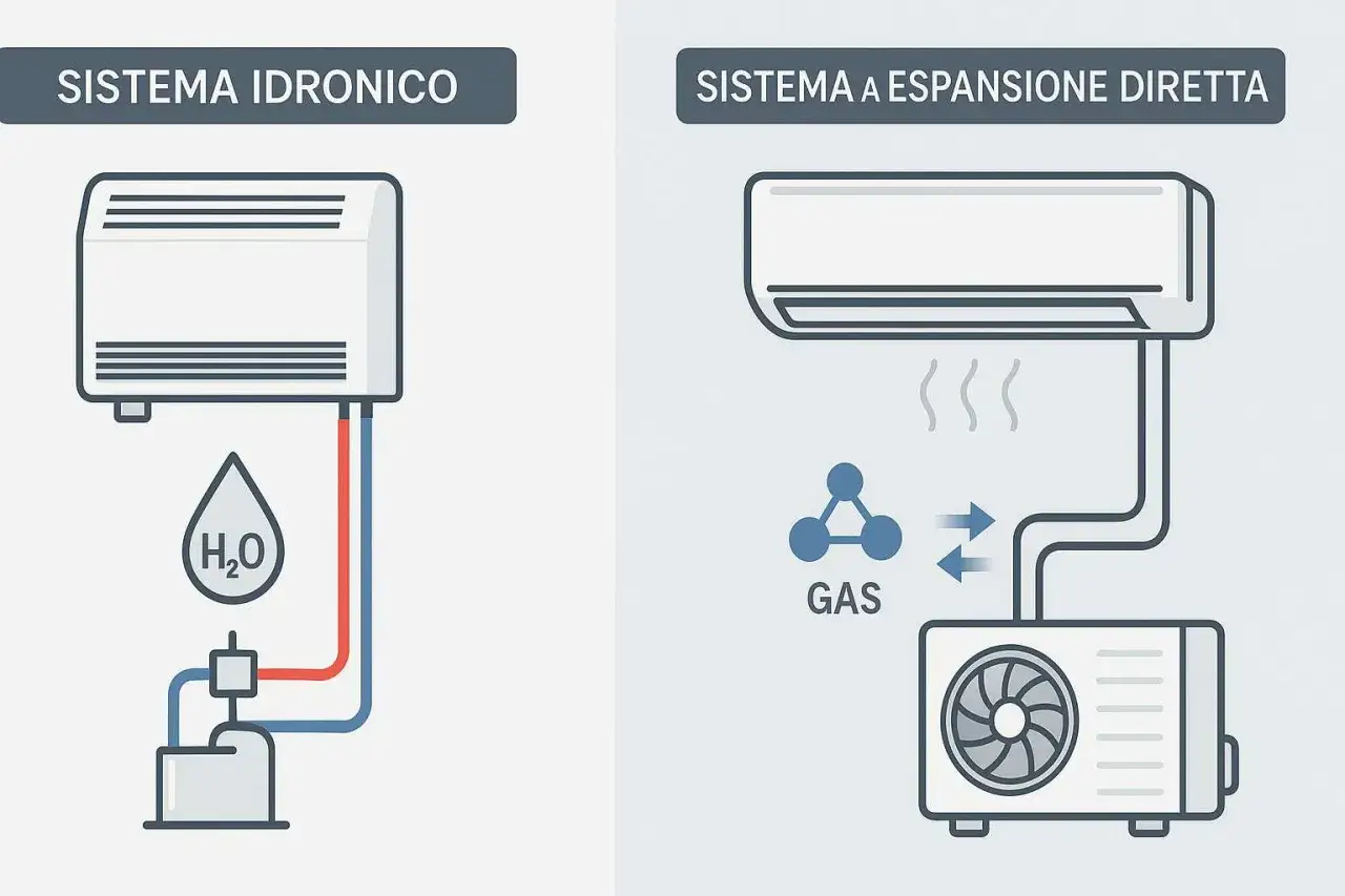 Schema di un sistema idronico con fan coil deumidificatore e uno a espansione diretta con unit&agrave; esterna.