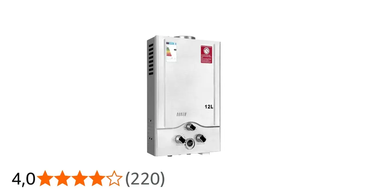 Scaldabagno a gas da 12L, ideale per aumentare la pressione dell'acqua. Design moderno e controlli intuitivi.