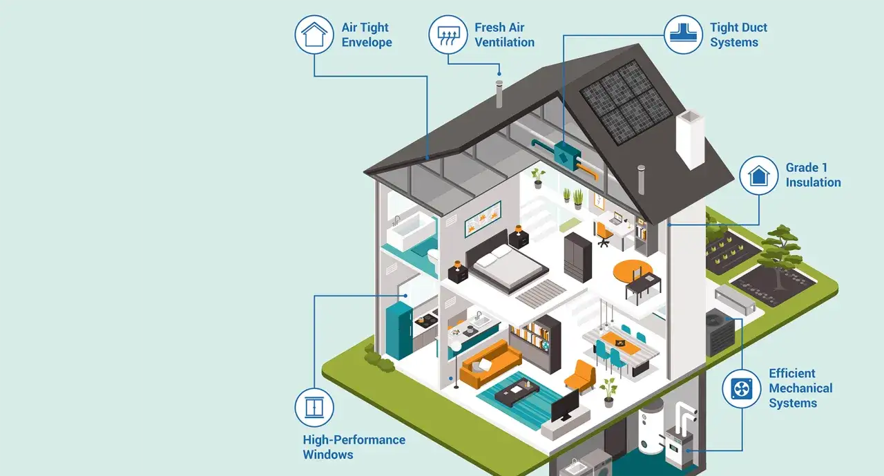 Casa efficiente con enfasi su ventilazione naturale, isolamento, finestre performanti e sistemi meccanici.