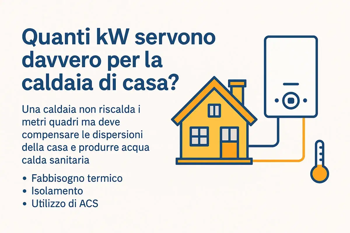 La potenza caldaia ideale dipende da fabbisogno termico, isolamento e uso ACS. Immagine con casa, caldaia e termometro.