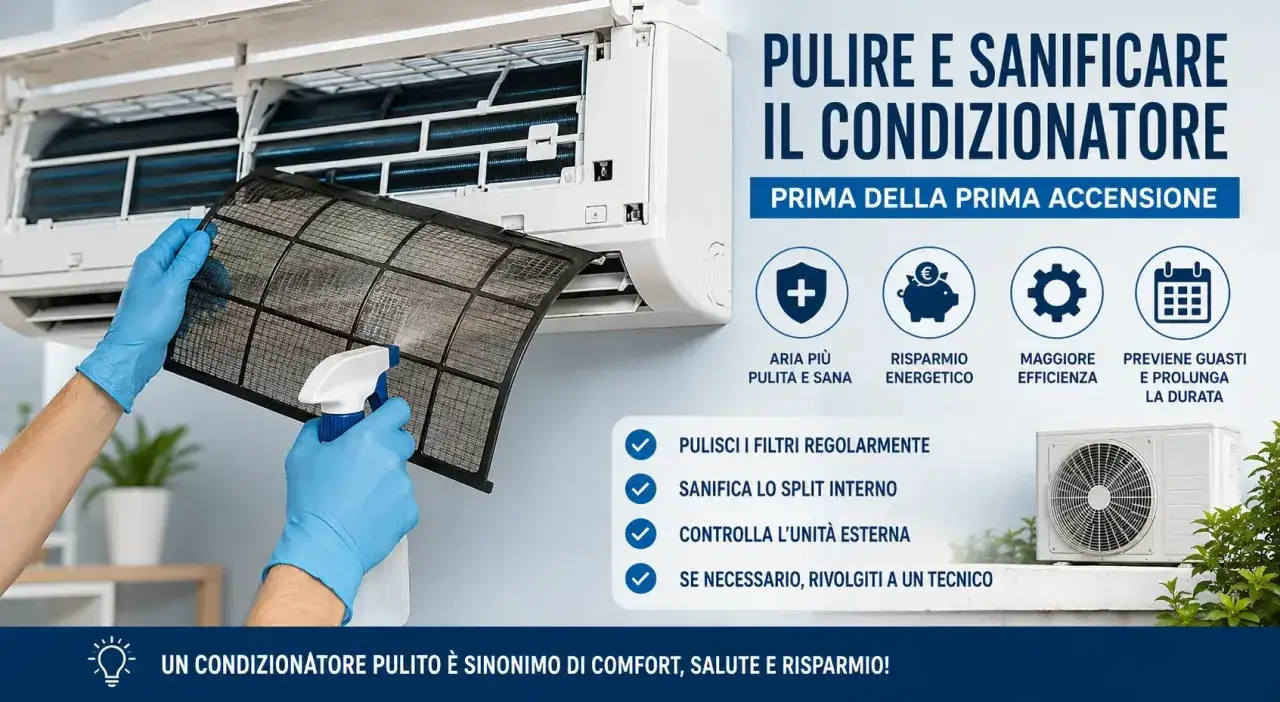 Mani con guanti blu puliscono il filtro del condizionatore con uno spray. Impara come pulire i filtri del condizionatore per aria pi&ugrave; sana e risparmio energetico.