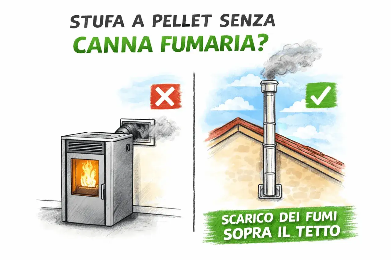 Stufa a pellet con scarico fumi errato (a muro) e corretto (sopra il tetto). La stufa a pellet senza presa d'aria &egrave; un pericolo.