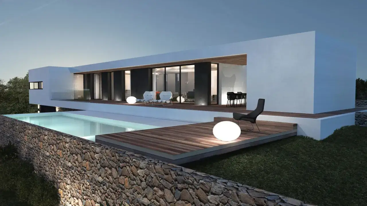 Villa moderna con piscina e tetti piani moderni. Arredamento esterno minimalista, illuminazione soffusa e vista panoramica.